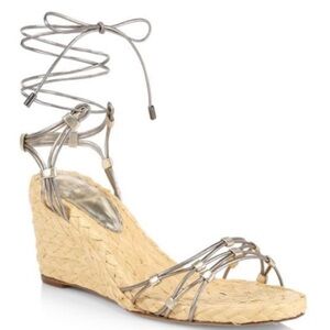ALEXANDRE BIRMAN Leona Ankle-Wrap Metallic Leather Espadrille Wedge Sandal.